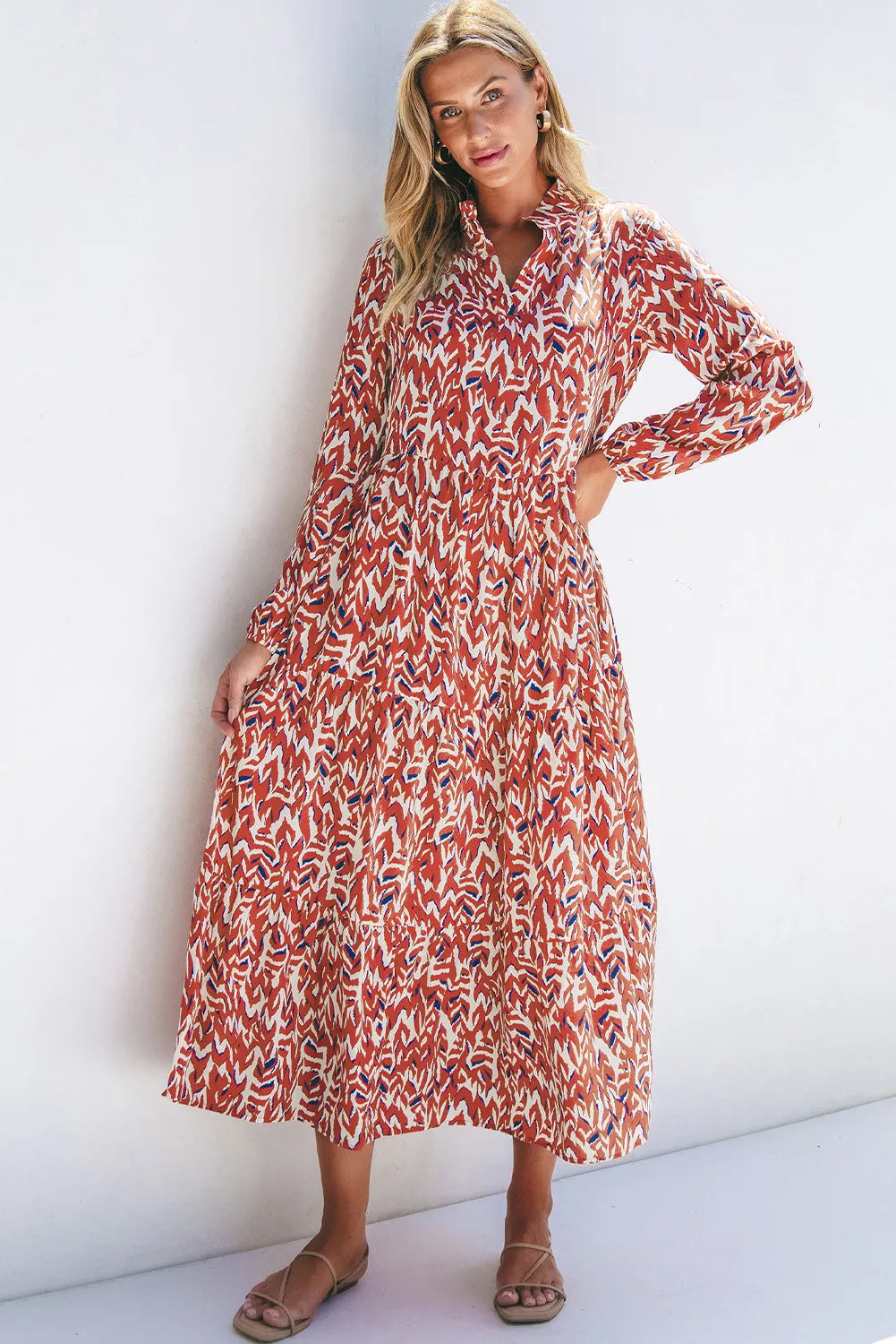 Printed Notched Long Sleeve Dress - Charming Charlie