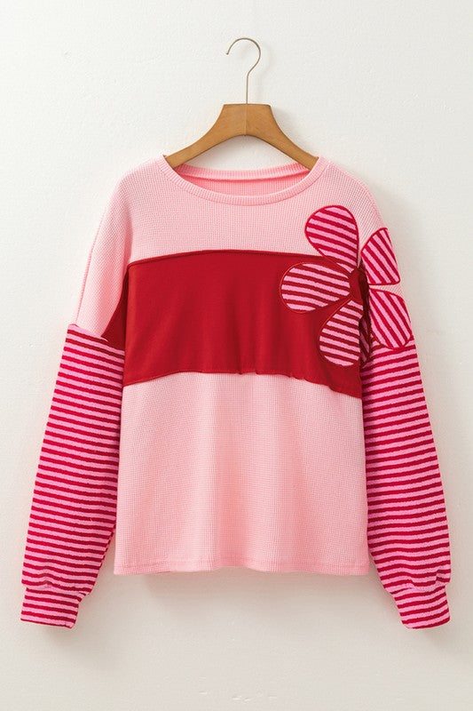 Patch Color Block Striped Sleeve Textured Top - Charming Charlie