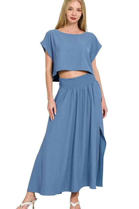 Zenana Woven Crinkle Smocked Waist Maxi Skirt W Pockets
