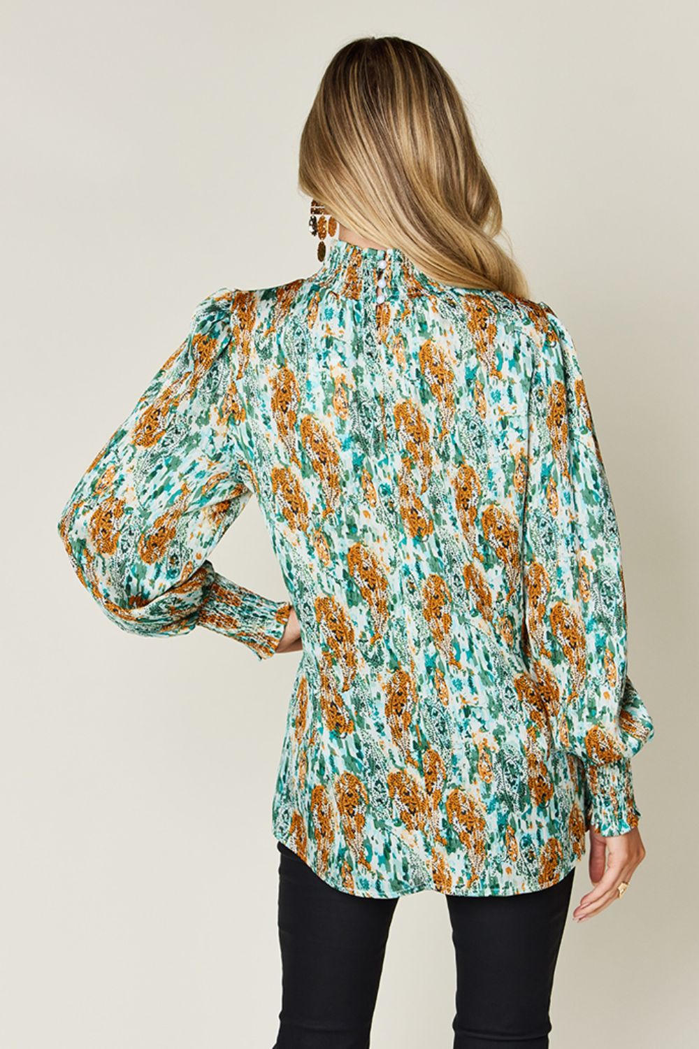 Double Take Full Size Printed Smocked Long Sleeve Blouse - Charming Charlie