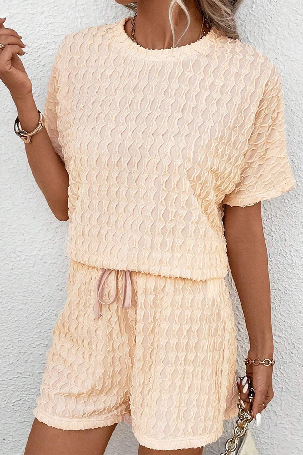 Textured Round Neck Top and Shorts Set - Charming Charlie