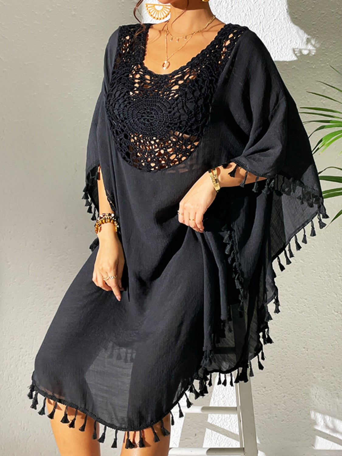 Tassel Cutout Scoop Neck Cover-Up Dress - Charming Charlie