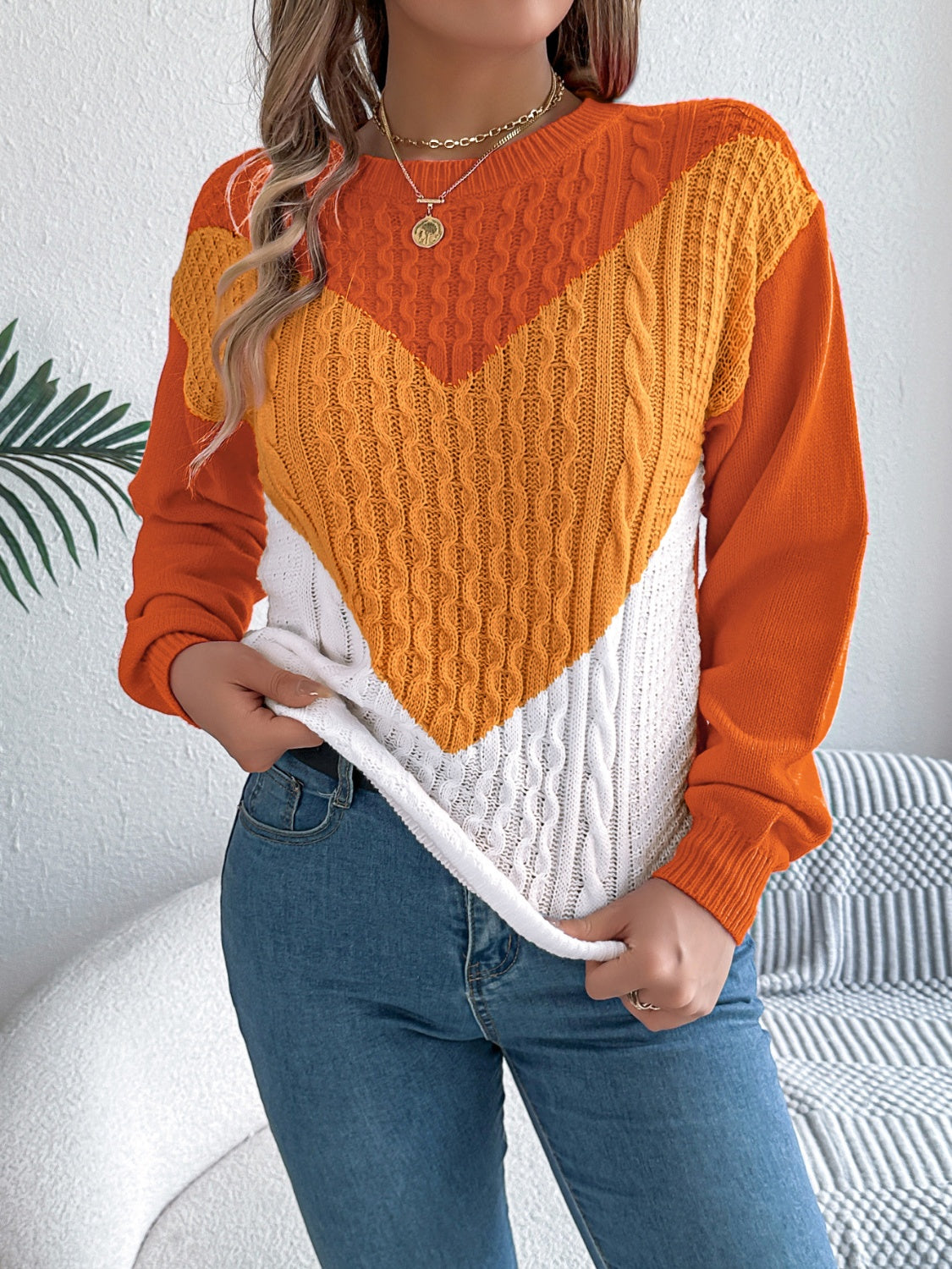 Contrast Round Neck Long Sleeve Sweater - Charming Charlie
