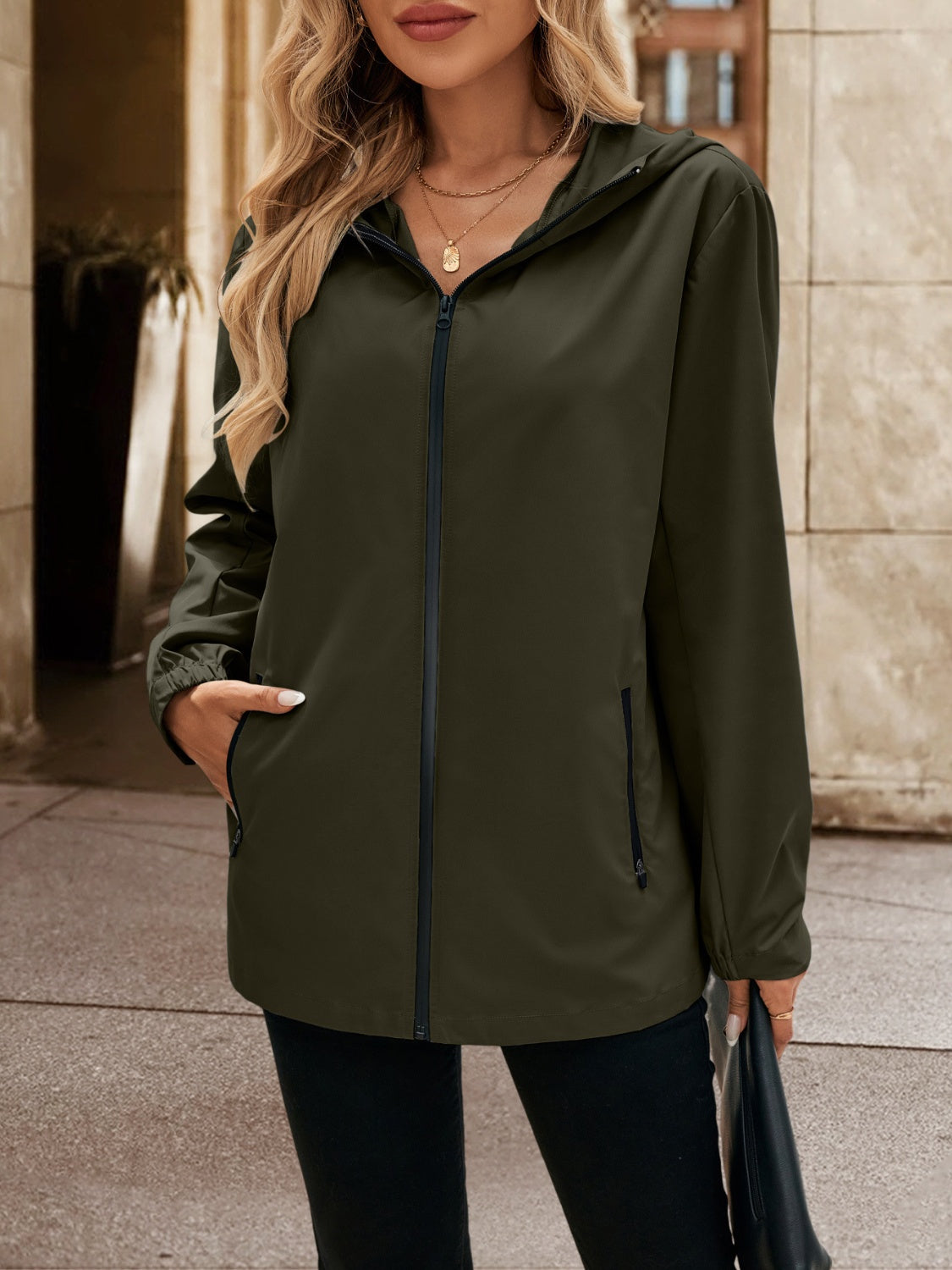 Pocketed Zip Up Hooded Jacket - Charming Charlie