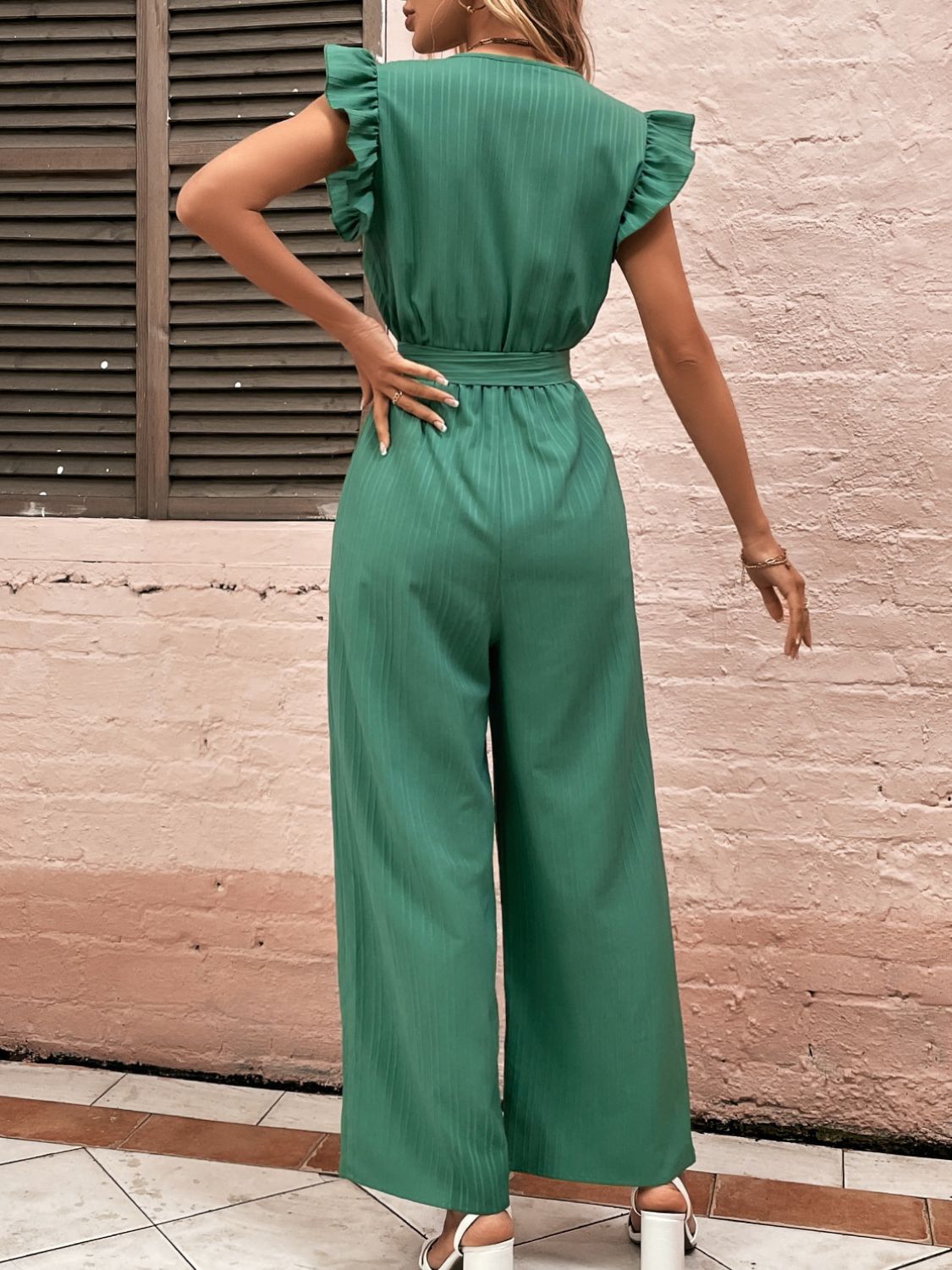 Ruffled Surplice Cap Sleeve Jumpsuit - Charming Charlie