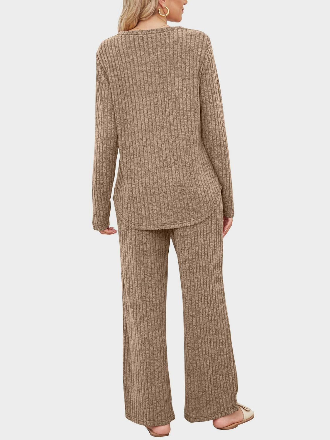 Round Neck Long Sleeve Top and Pants Set - Charming Charlie