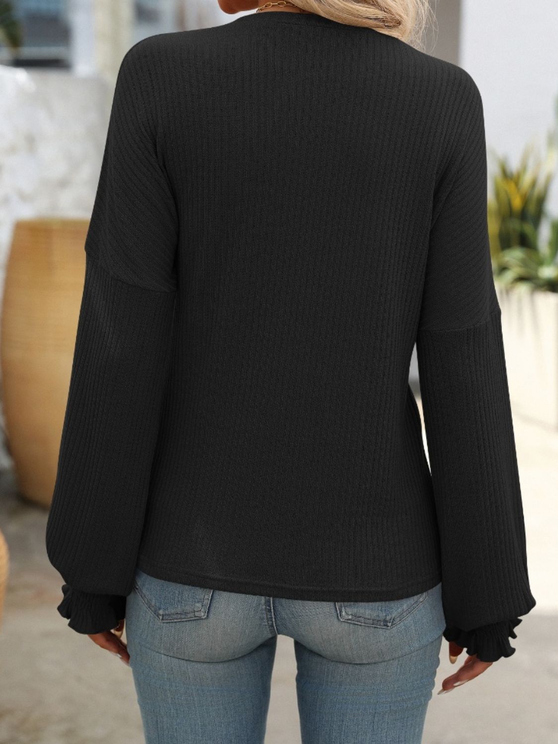Ribbed Round Neck Long Sleeve T-Shirt - Charming Charlie