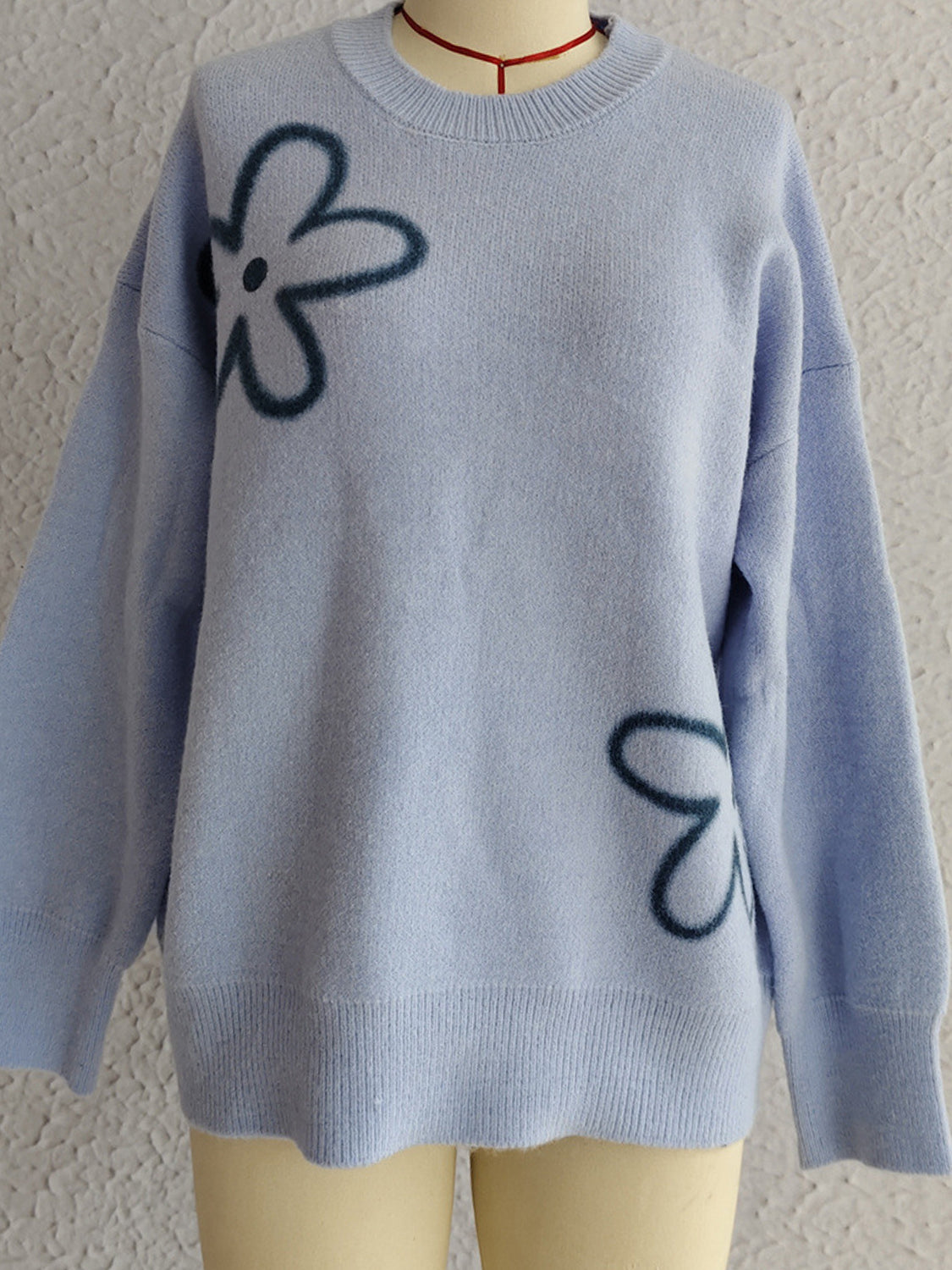 Flower Round Neck Long Sleeve Sweater - Charming Charlie