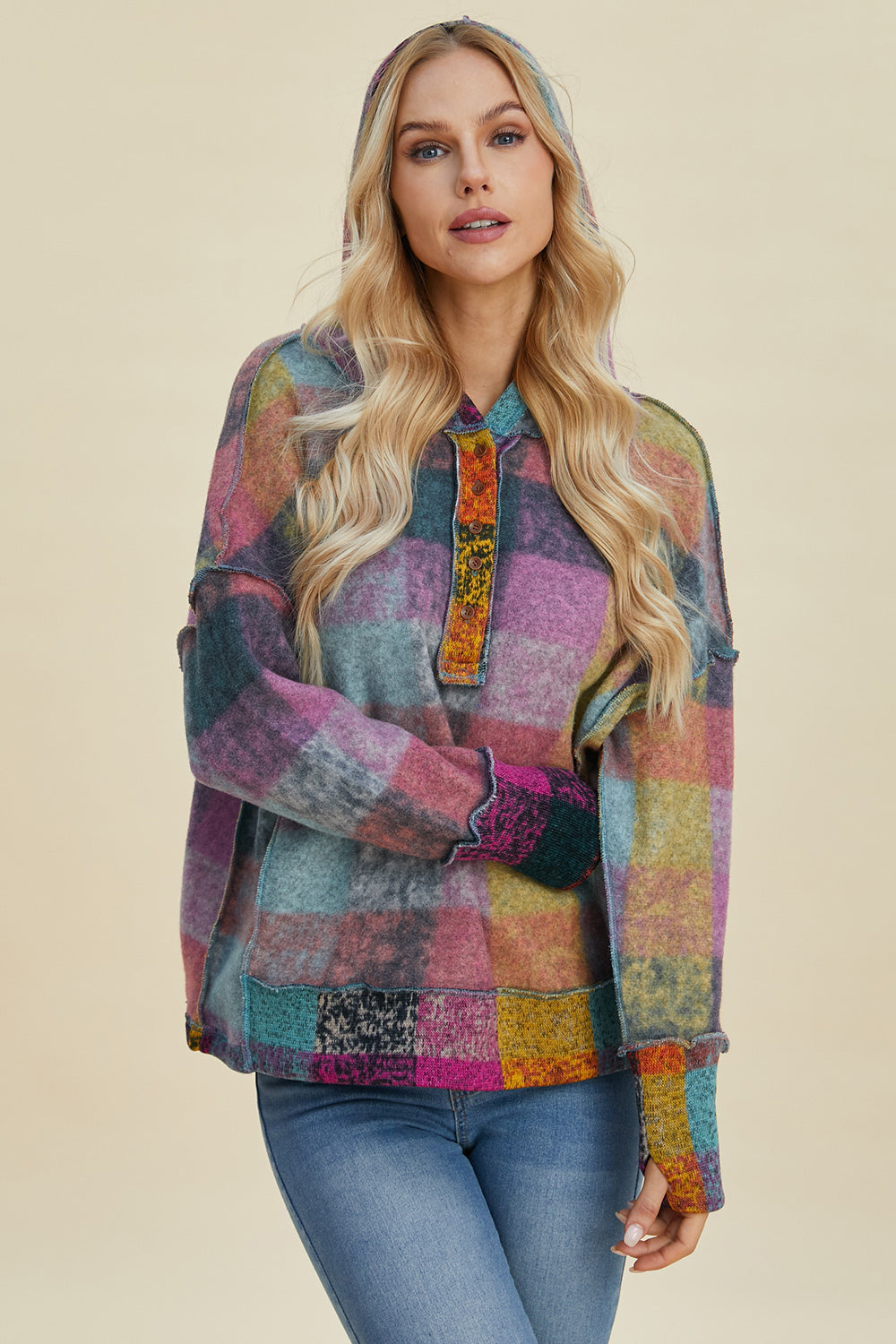 Double Take Full Size Plaid Dropped Shoulder Fleece Hoodie - Charming Charlie