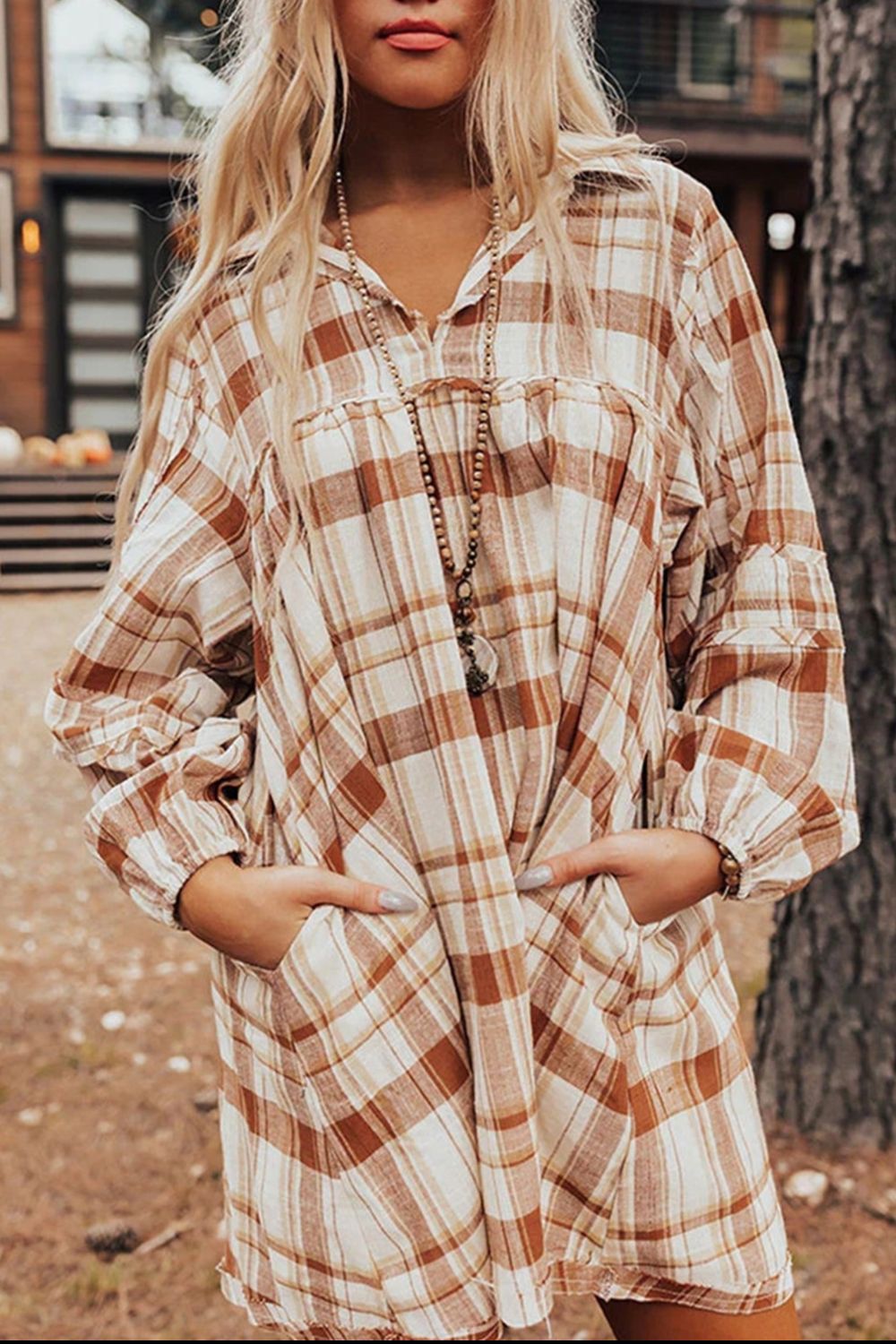 Plaid Collared Neck Long Sleeve Mini Shirt Dress - Charming Charlie