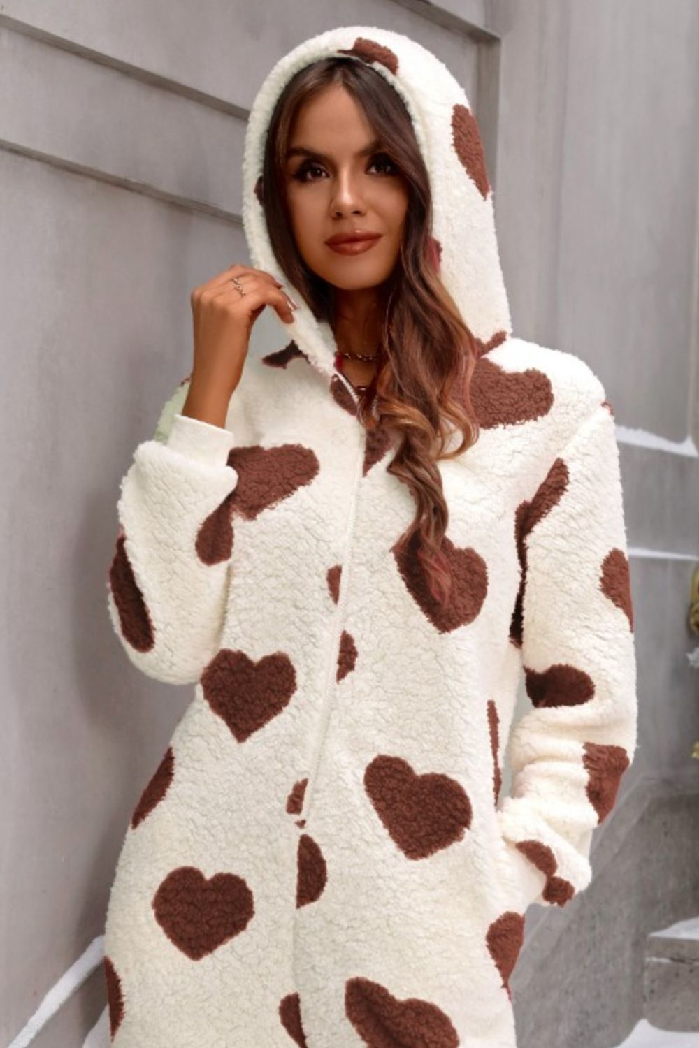 Fuzzy Heart Zip Up Hooded Lounge Jumpsuit - Charming Charlie