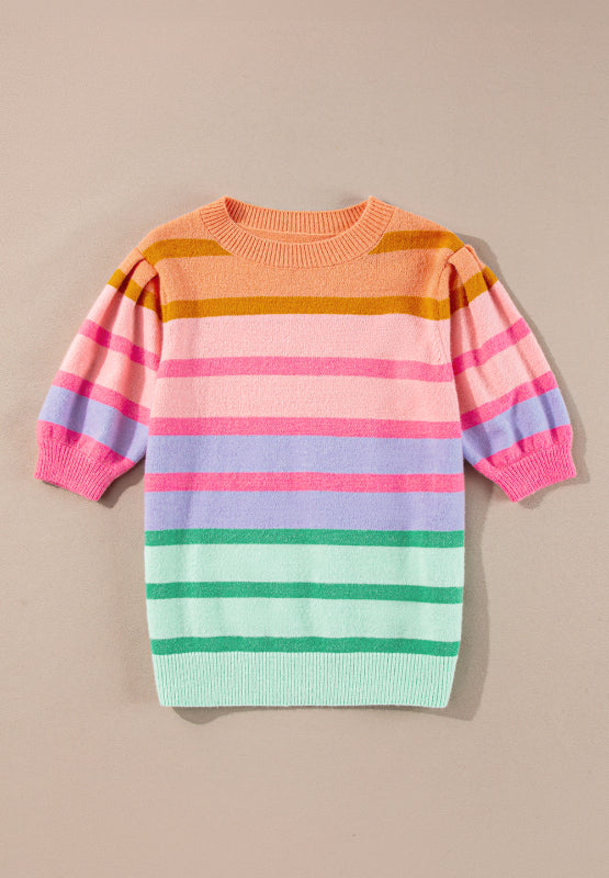 Striped Round Neck Half Sleeve Sweater - Charming Charlie