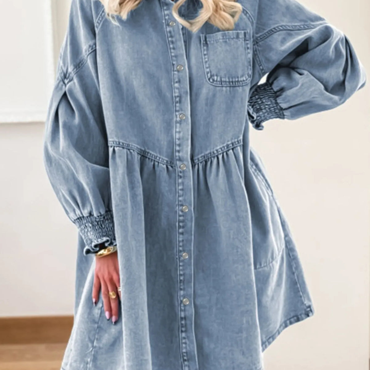 Button-Up Denim Shirt Dress with Smocked Cuffs – Charming Charlie