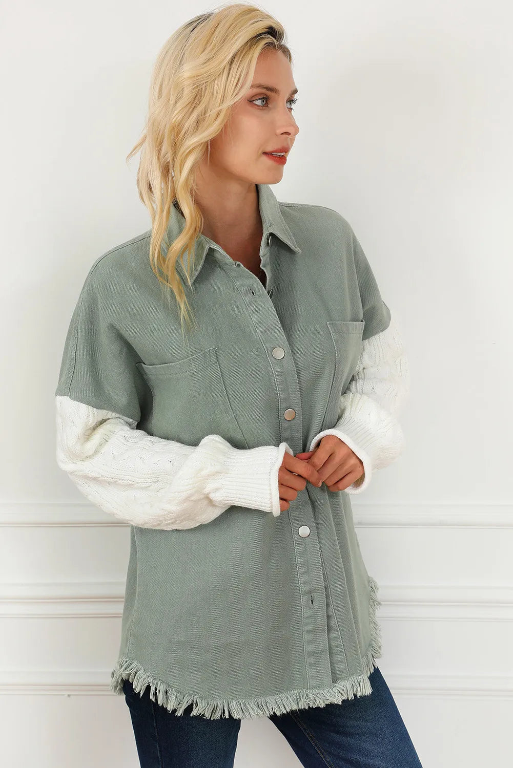 Raw Hem Collared Neck Button Up Long Sleeve Jacket - Charming Charlie