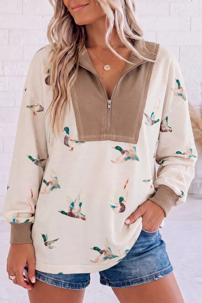 Quarter-Zip Duck Print Casual Sweatshirt – Charming Charlie Quarter-Zip Duck Print Casual Sweatshirt – Charming Charlie