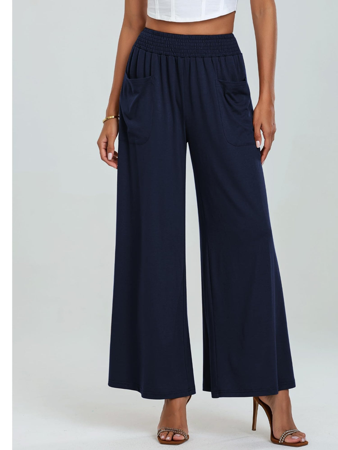 Pocketed Elastic Waist Wide Leg Pants - Charming Charlie