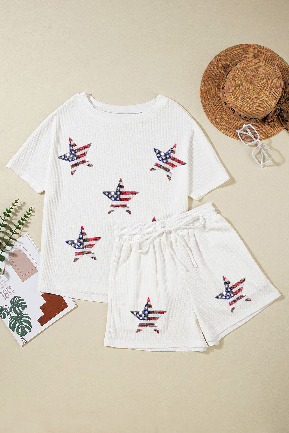 Waffle-Knit Sequin Round Neck Top and Shorts Set - Charming Charlie