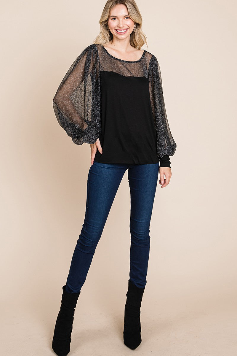 Super Lady Full Size Metallic Mesh Lantern Sleeve Blouse - Charming Charlie