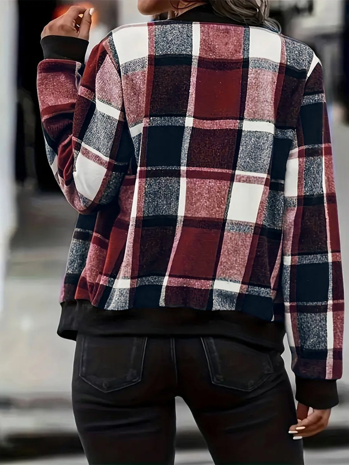 Plus Size Plaid Baseball Collar Zip Up Jacket - Charming Charlie
