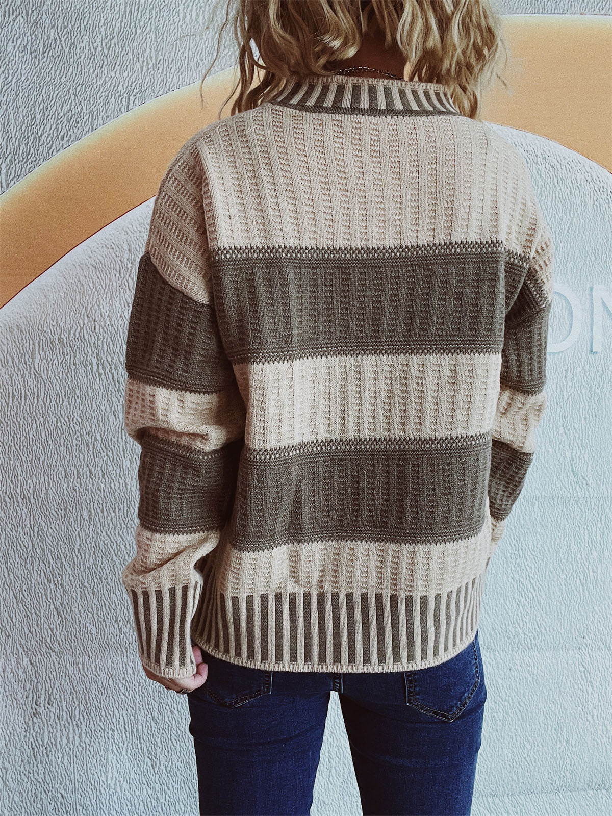Contrast Round Neck Long Sleeve Sweater - Charming Charlie
