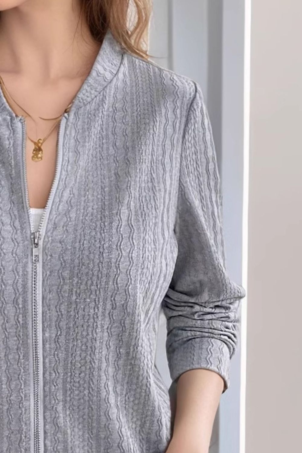 Baseball Collar Zip Up Long Sleeve Jacket - Charming Charlie