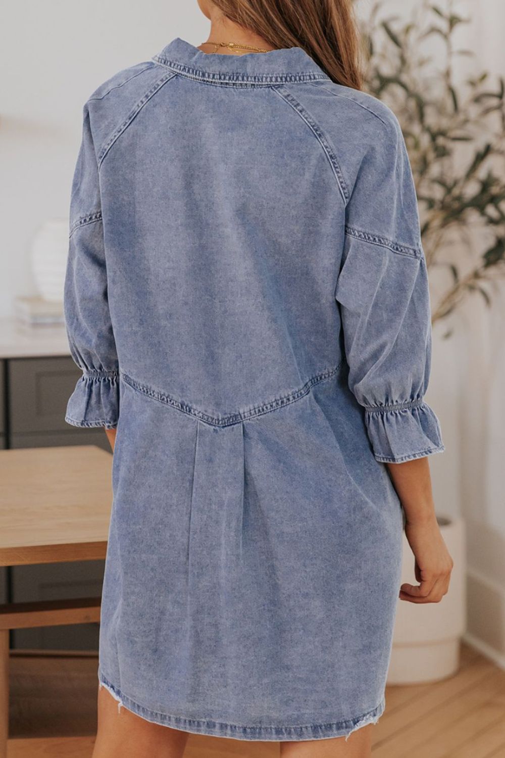 Distressed Collared Neck Flounce Sleeve Denim Dress - Charming Charlie