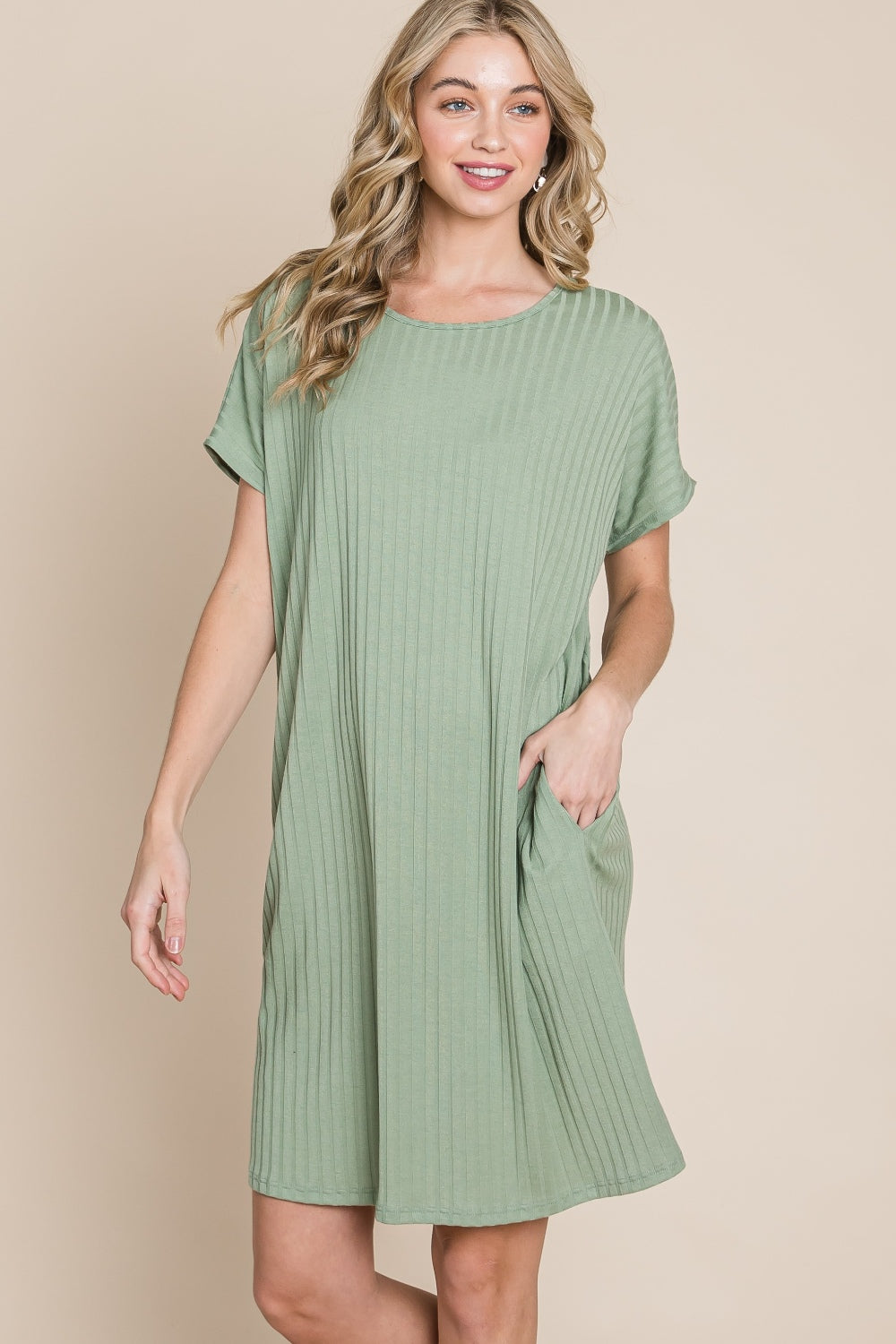 BOMBOM Ribbed Round Neck Short Sleeve Dress - Charming Charlie