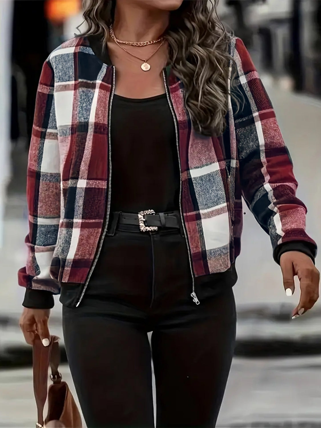 Plus Size Plaid Baseball Collar Zip Up Jacket - Charming Charlie