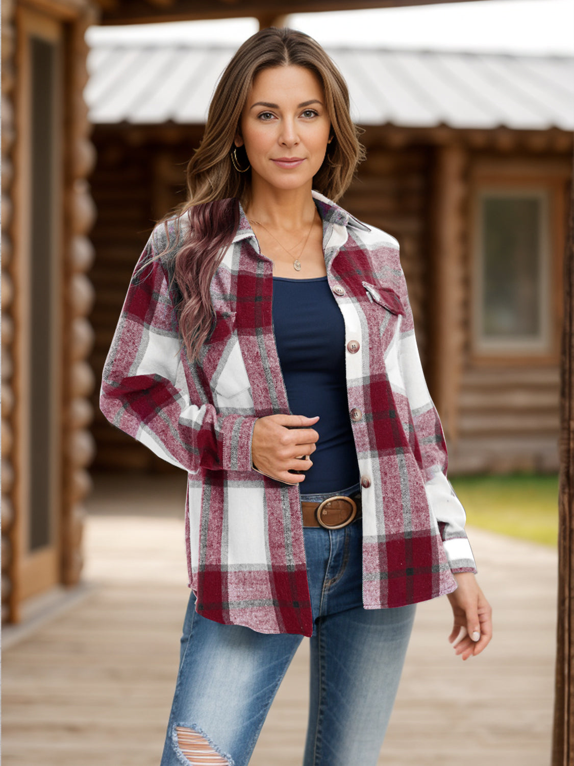 Full Size Pocketed Plaid Collared Neck Shacket - Charming Charlie