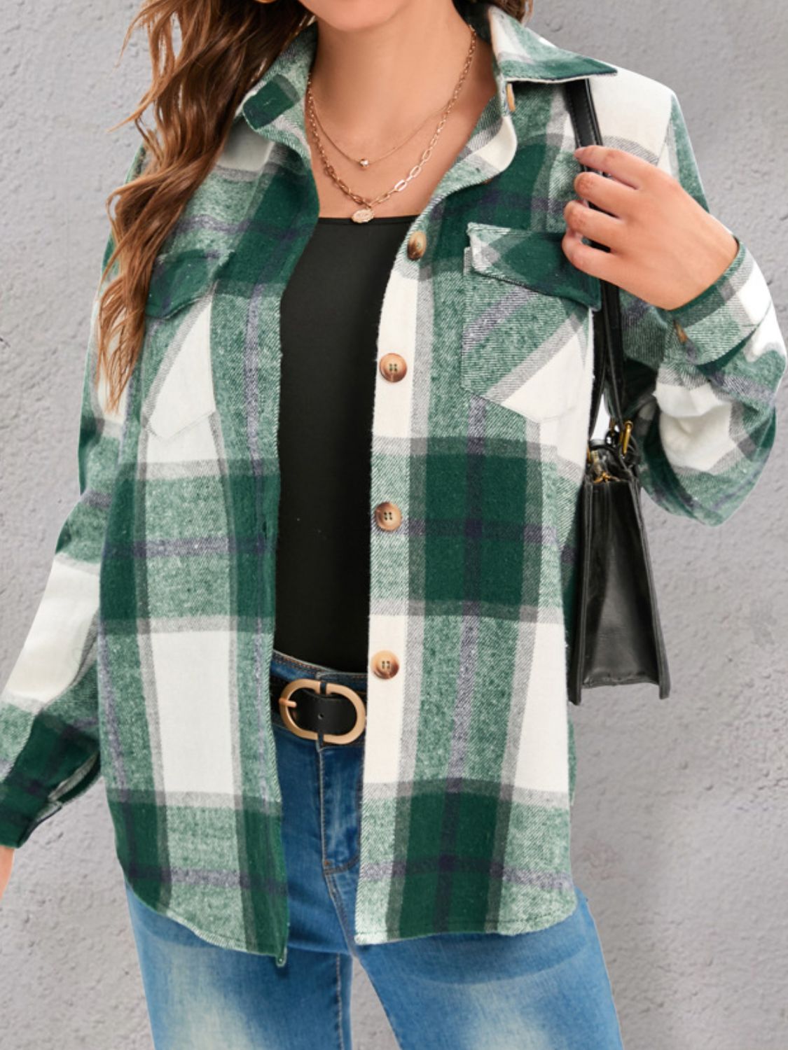 Full Size Pocketed Plaid Collared Neck Shacket - Charming Charlie