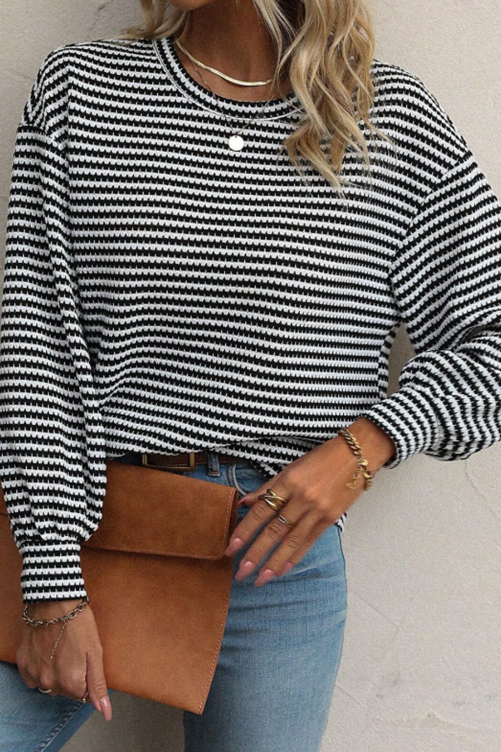 Striped Round Neck Long Sleeve Top - Charming Charlie