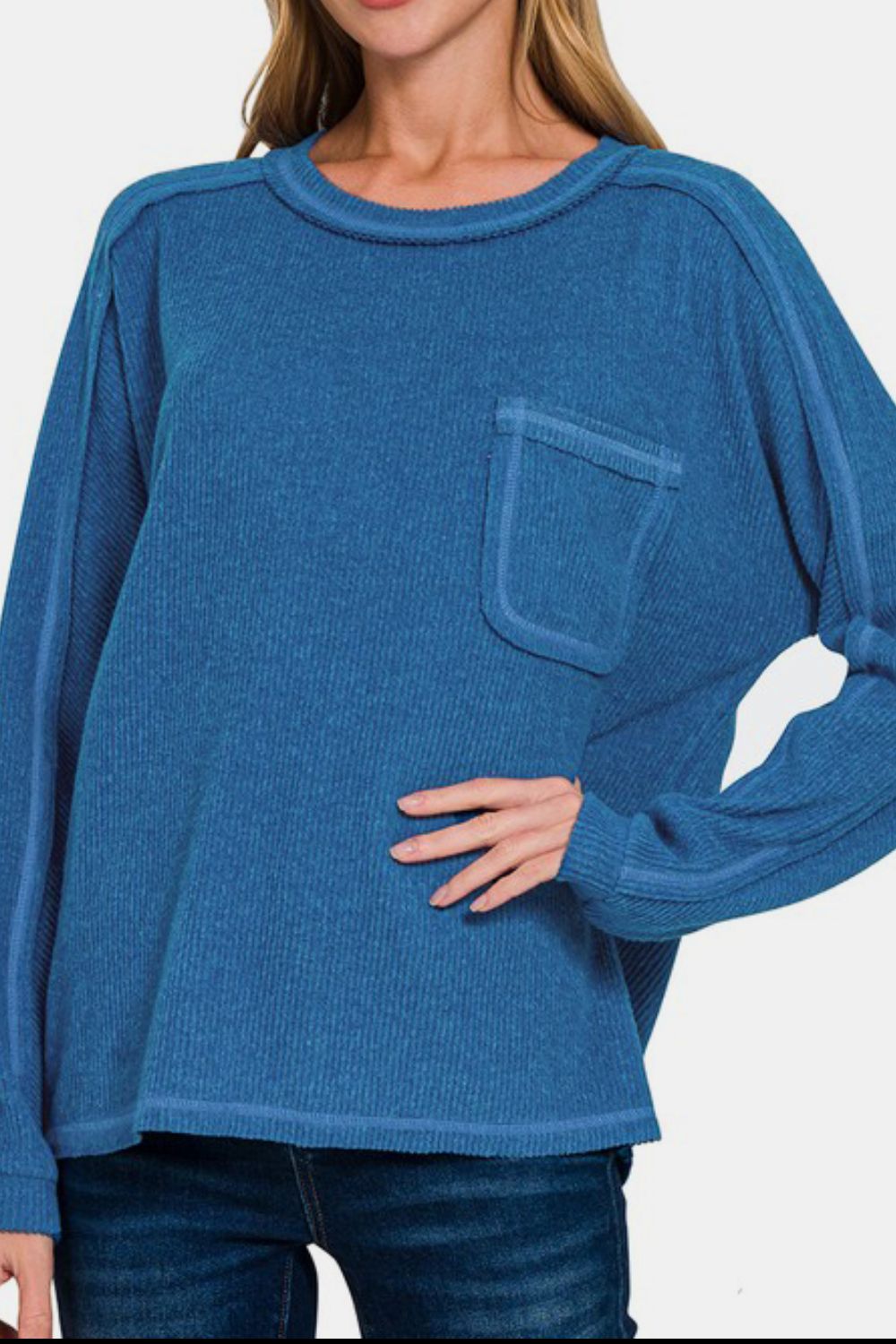 Zenana Full Size Contrast Stitching Brushed Ribbed Hacci Knit Top Plus Size - Charming Charlie