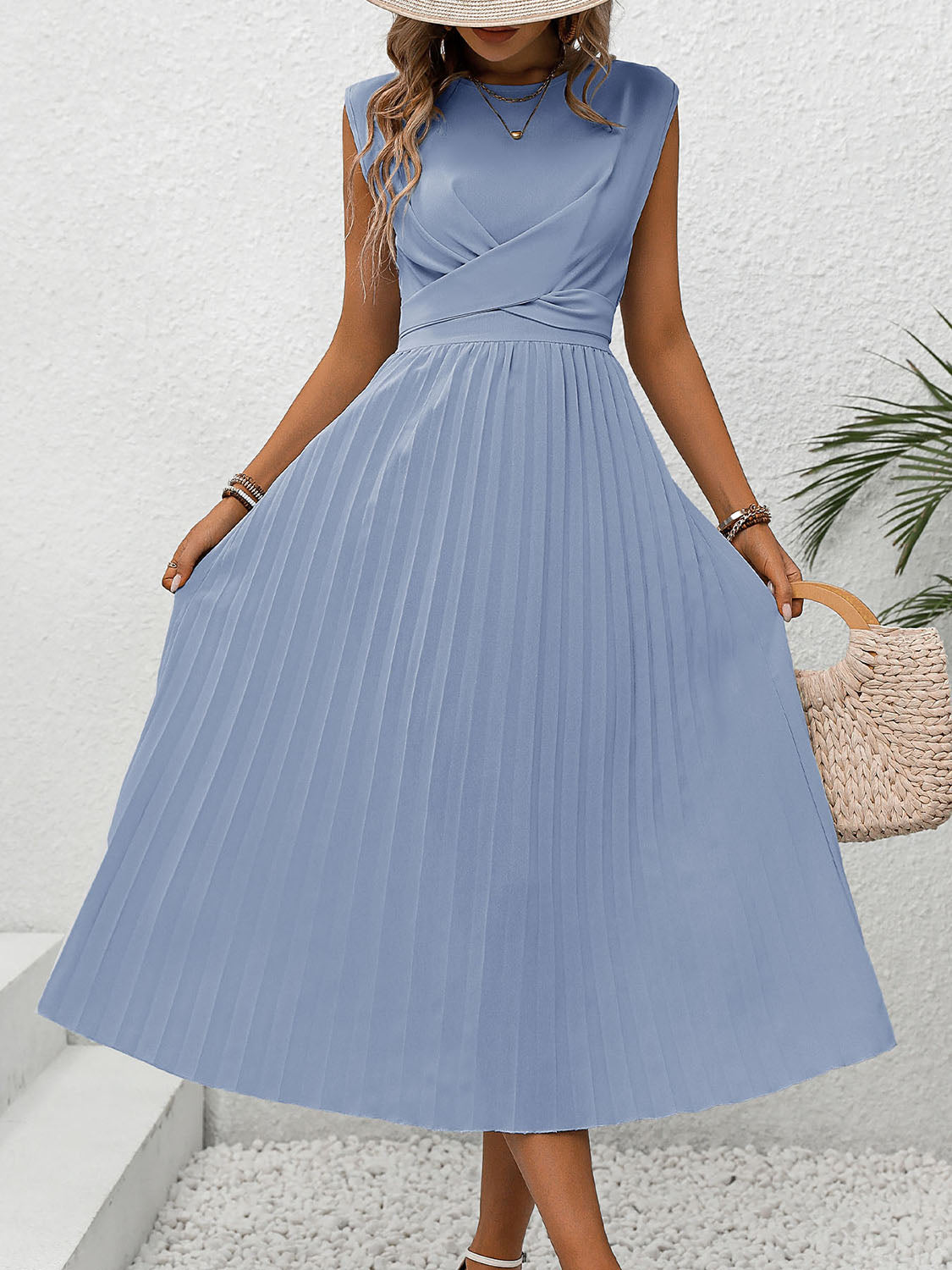 Pleated Round Neck Cap Sleeve Dress - Charming Charlie