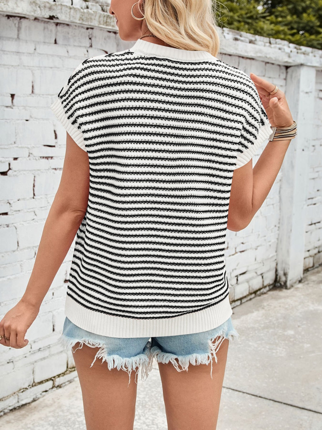 Lovelet Striped Round Neck Cap Sleeve Sweater - Charming Charlie