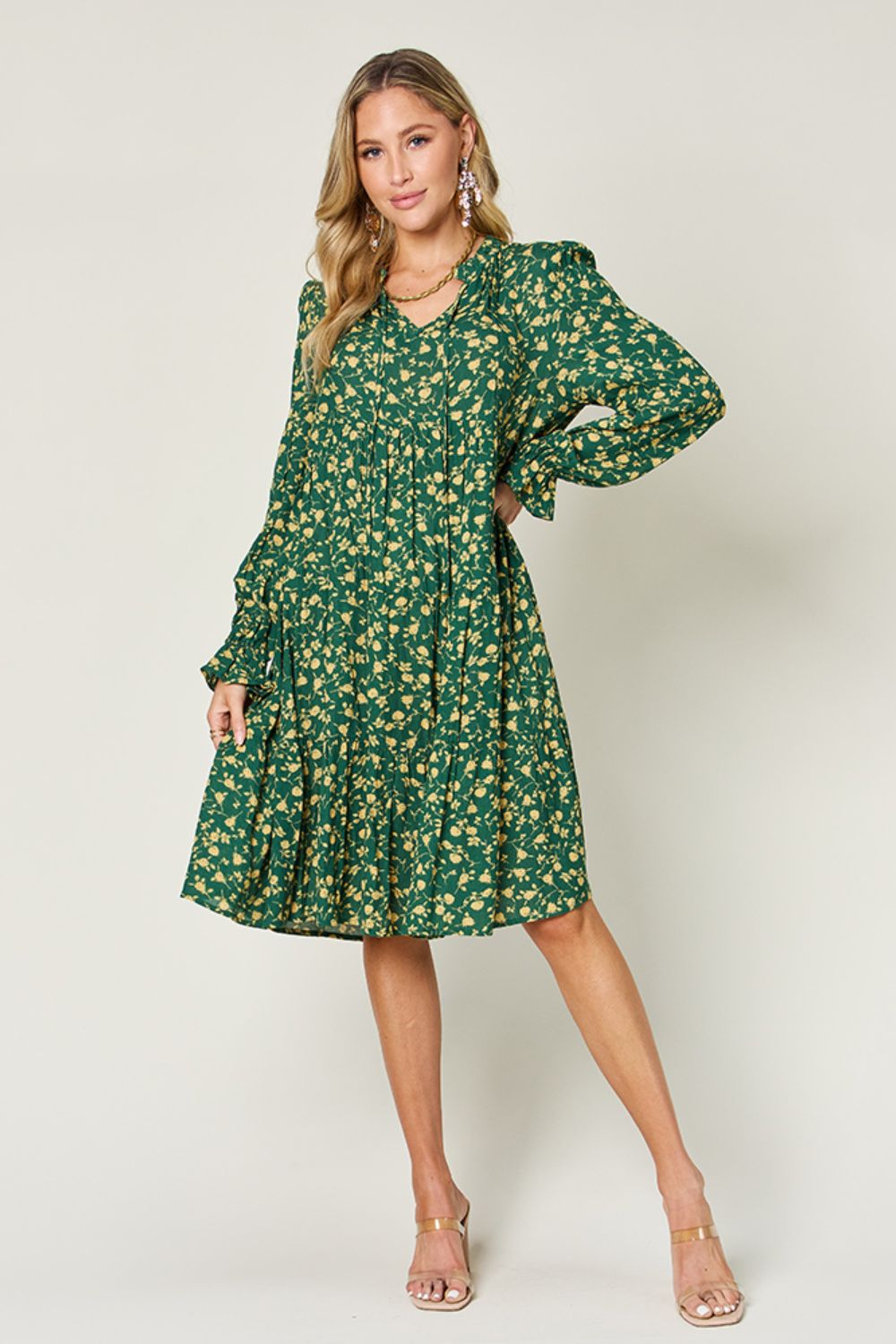 Double Take Full Size Printed Ruffle Hem Long Sleeve Tiered Dress - Charming Charlie