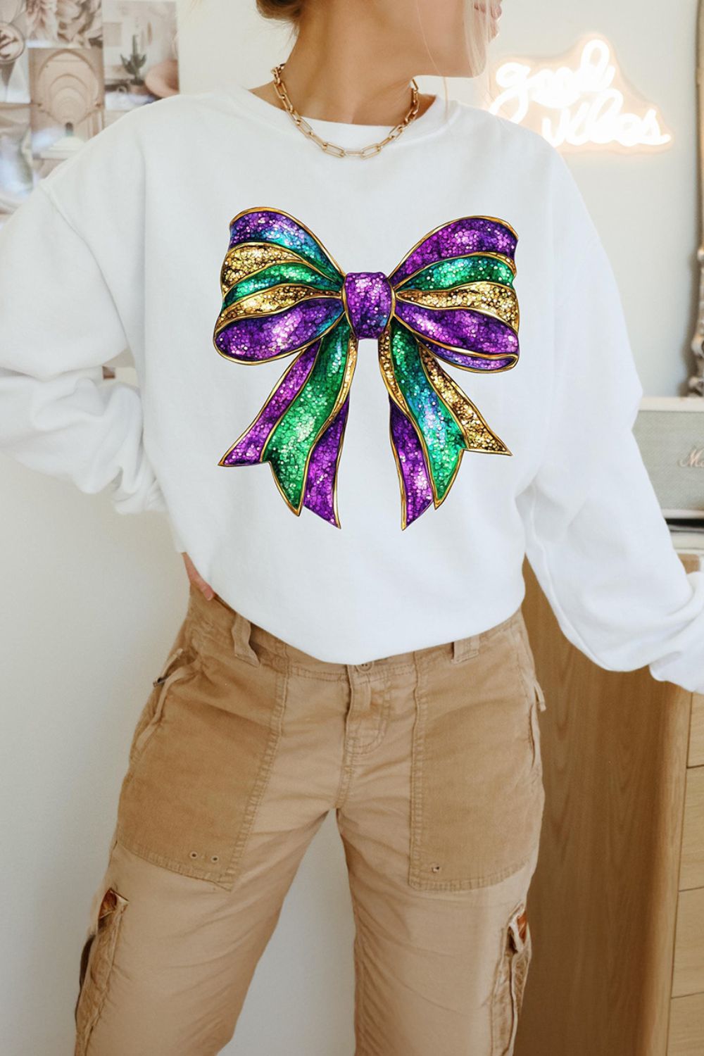 Bow Round Neck Long Sleeve Sweatshirt - Charming Charlie