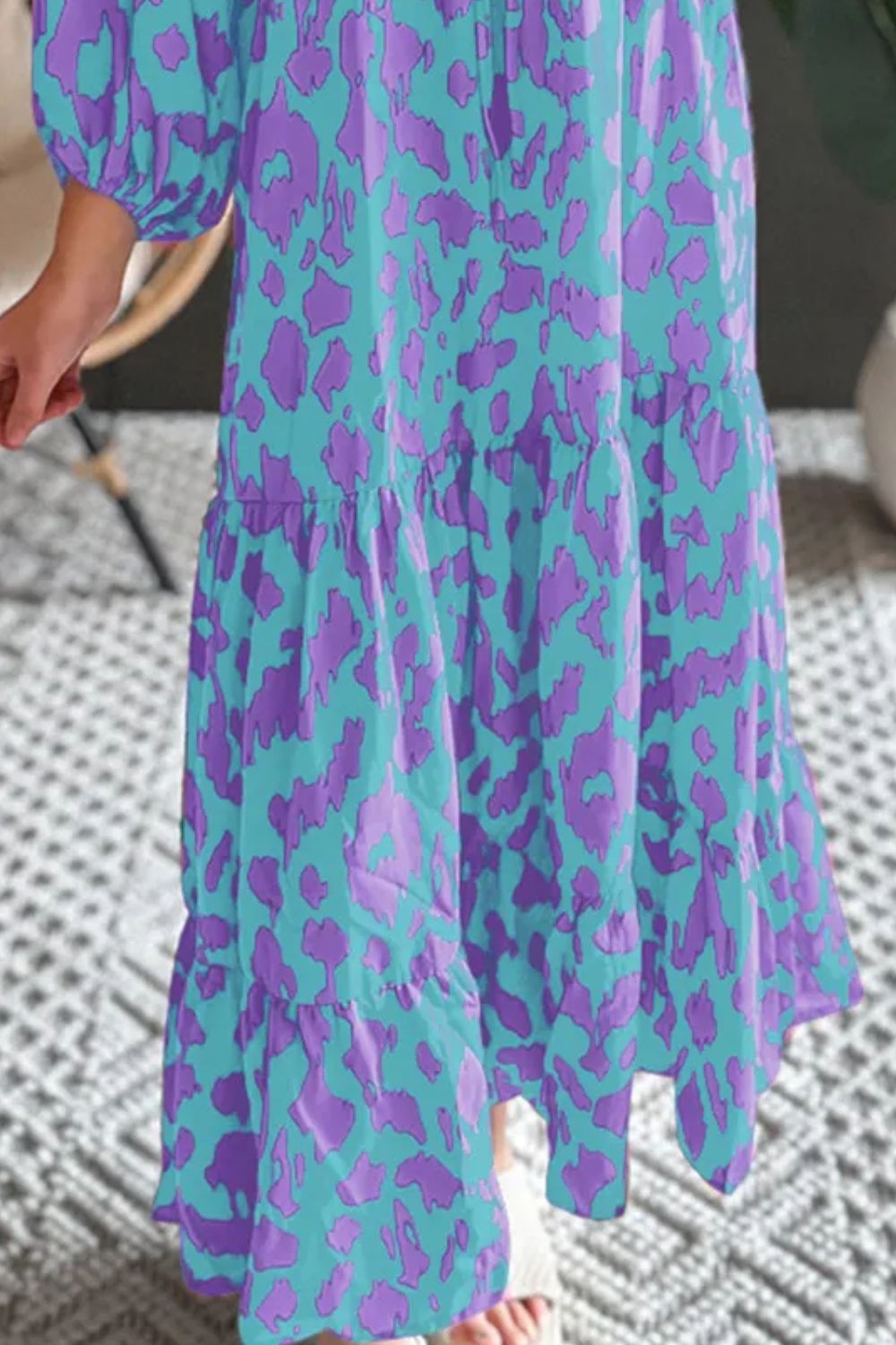 Smocked Printed Tie Neck Long Sleeve Dress - Charming Charlie
