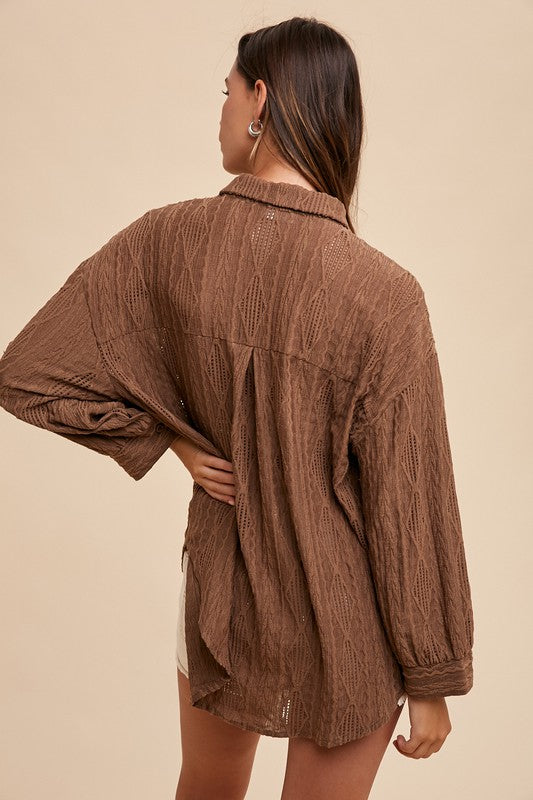 Annie Wear Openwork Button Down Drop Shoulder Shirt - Charming Charlie