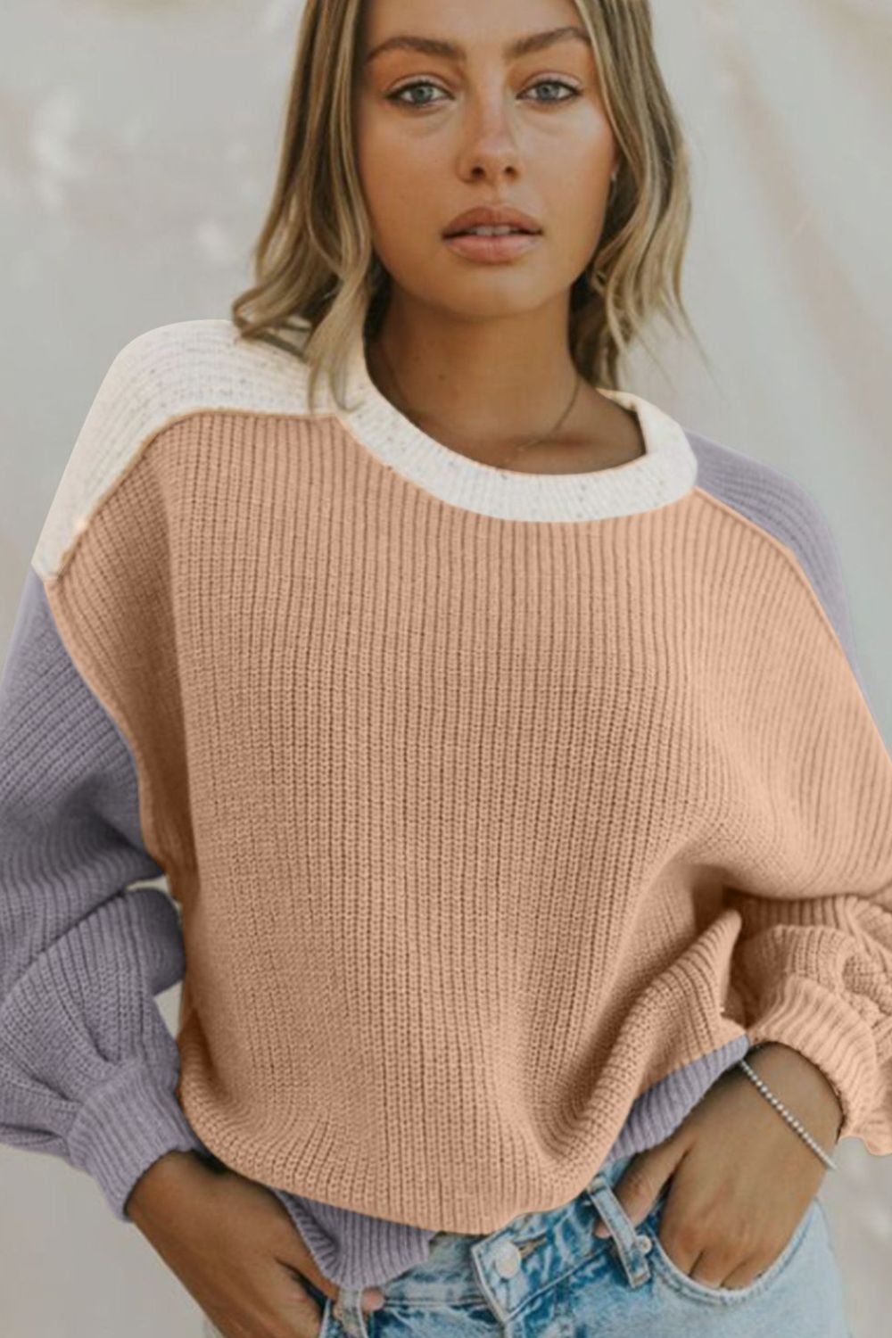 Color Block Round Neck Drop Shoulder Sweater - Charming Charlie
