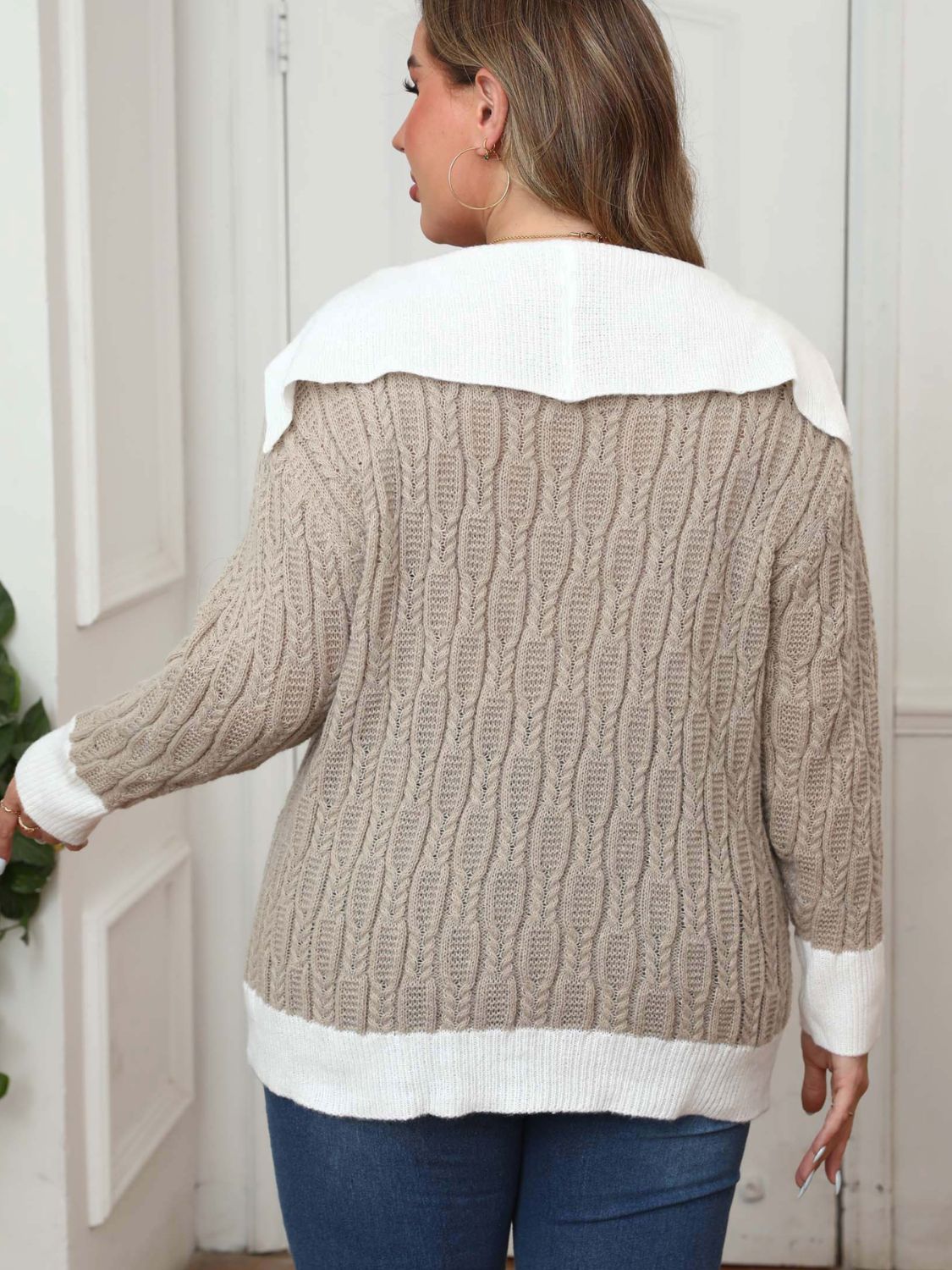 Plus Size Contrast Trim Collared Neck Sweater - Charming Charlie