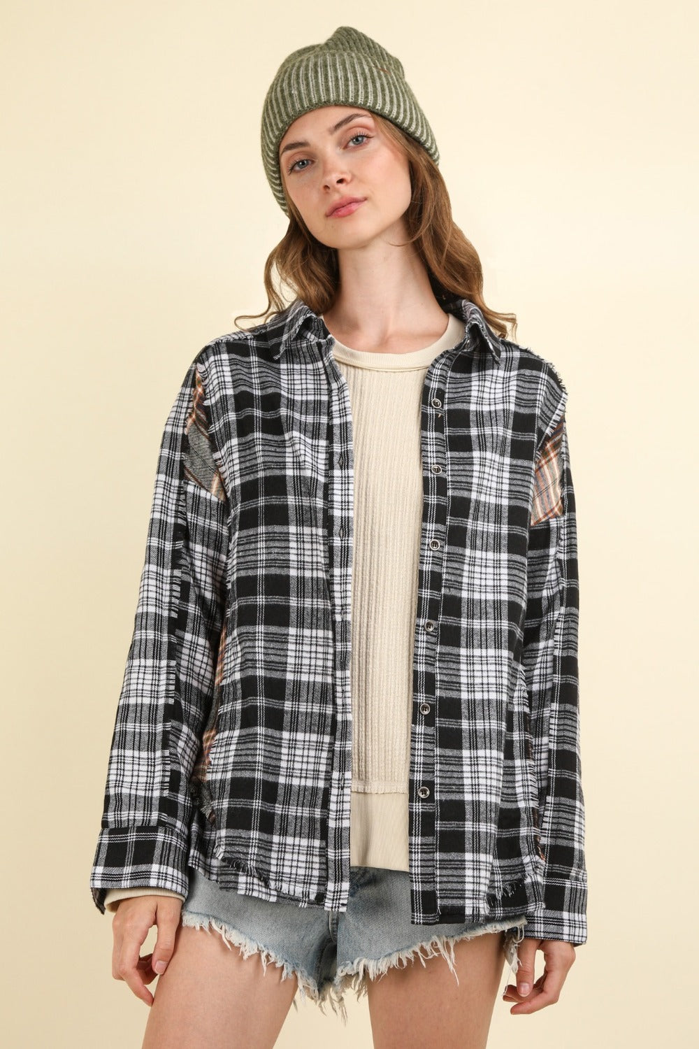 VERY J Contrast Plaid Raw Detail Shirt - Charming Charlie