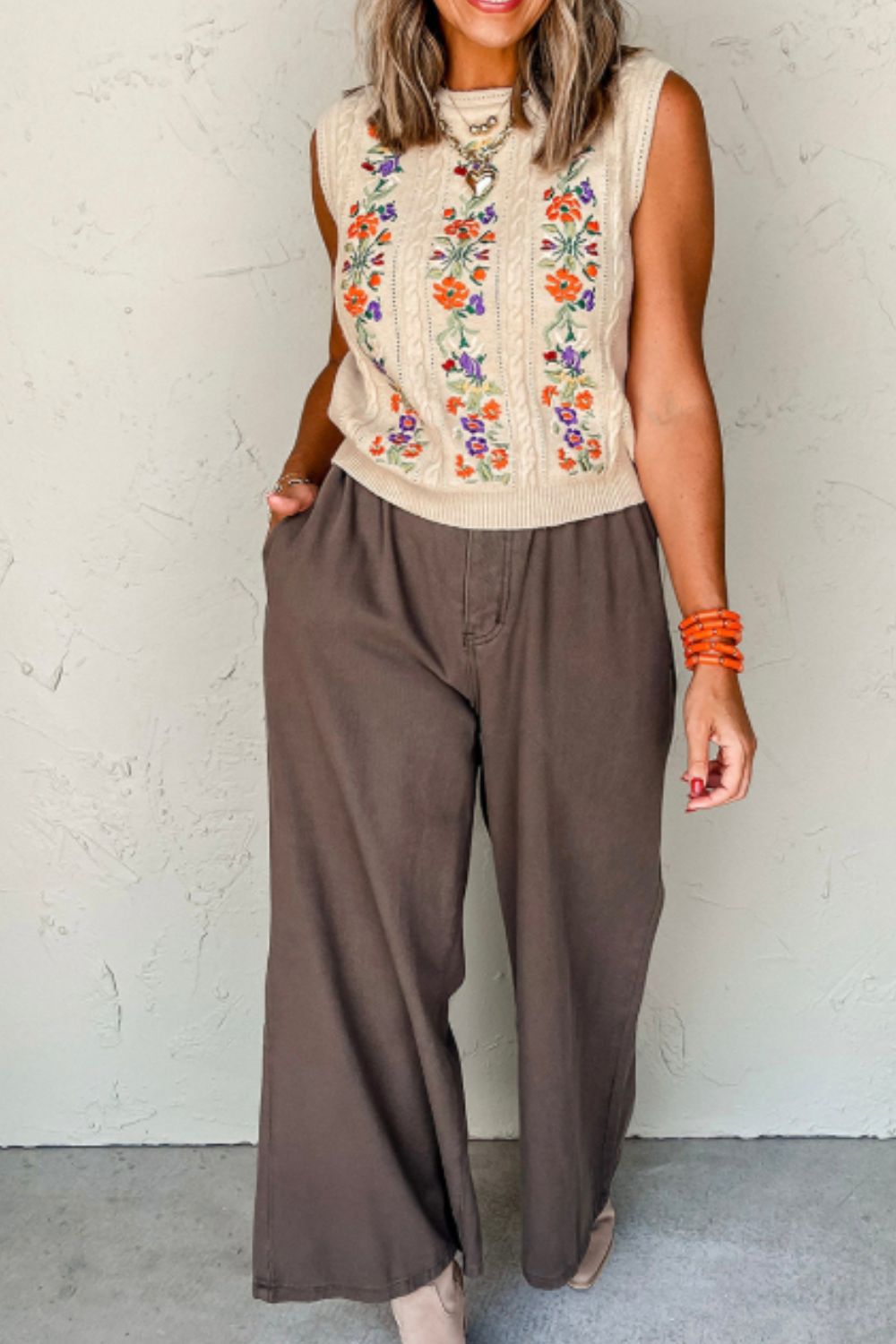 Embroidered Cable-Knit Round Neck Sweater Vest - Charming Charlie