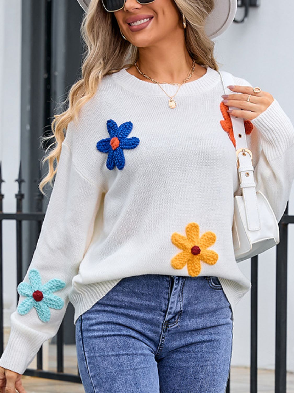 Crochet Flower Round Neck Sweater - Charming Charlie