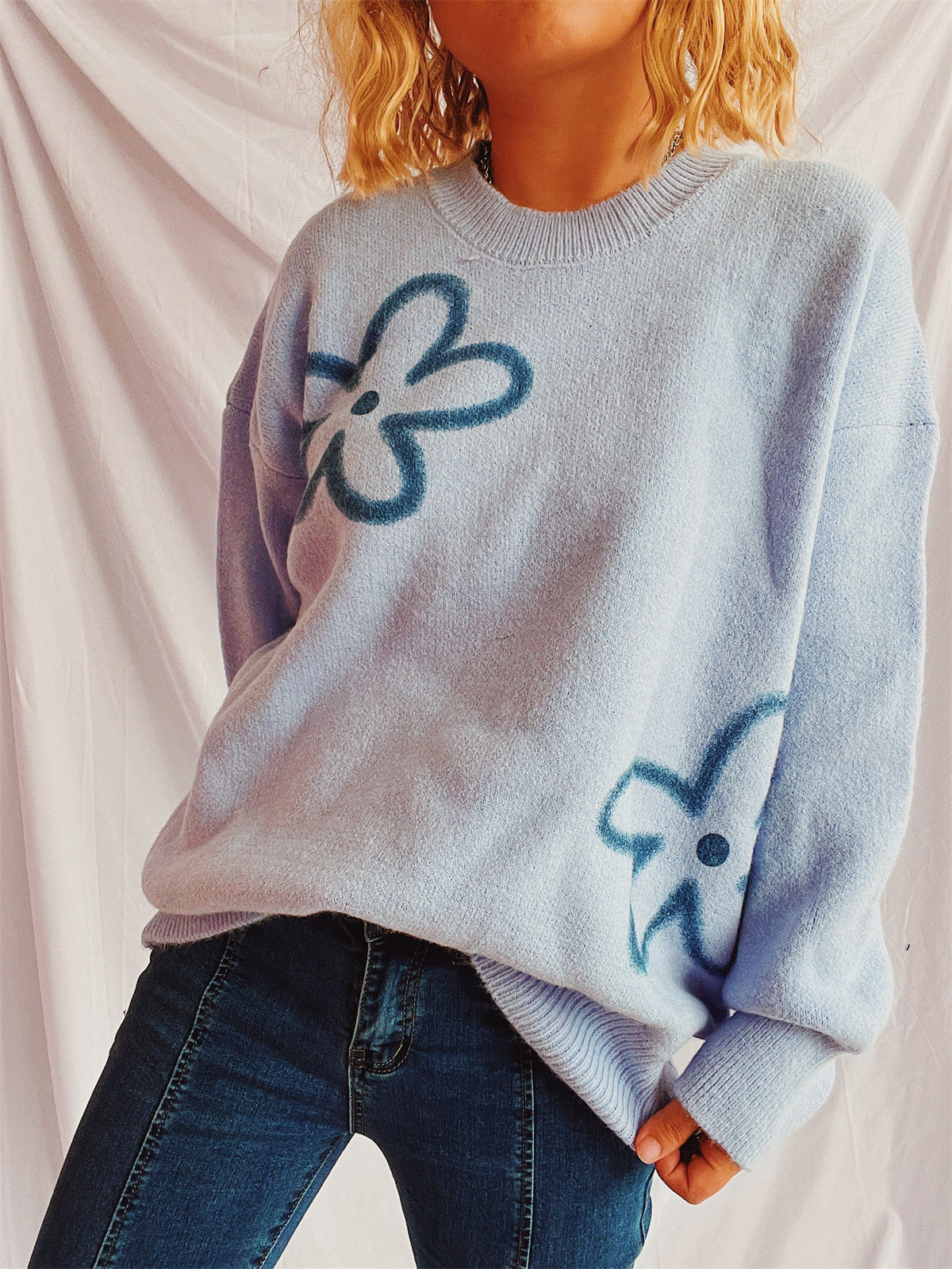 Flower Round Neck Long Sleeve Sweater - Charming Charlie