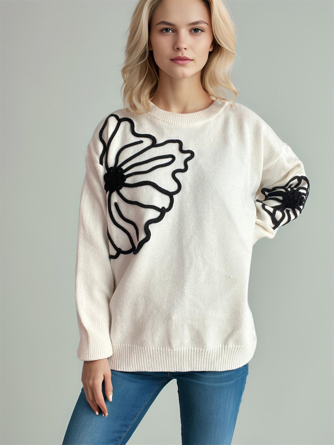 Flower Round Neck Long Sleeve Sweater - Charming Charlie
