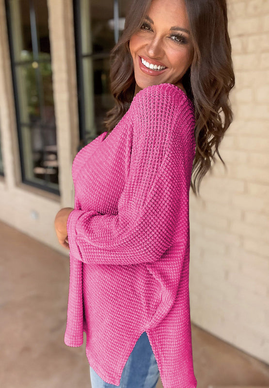 Side Slit V-Neck Long Sleeve Top - Charming Charlie