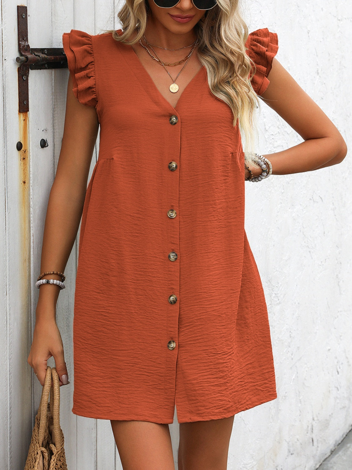 Button Up V-Neck Cap Sleeve Mini Dress - Charming Charlie