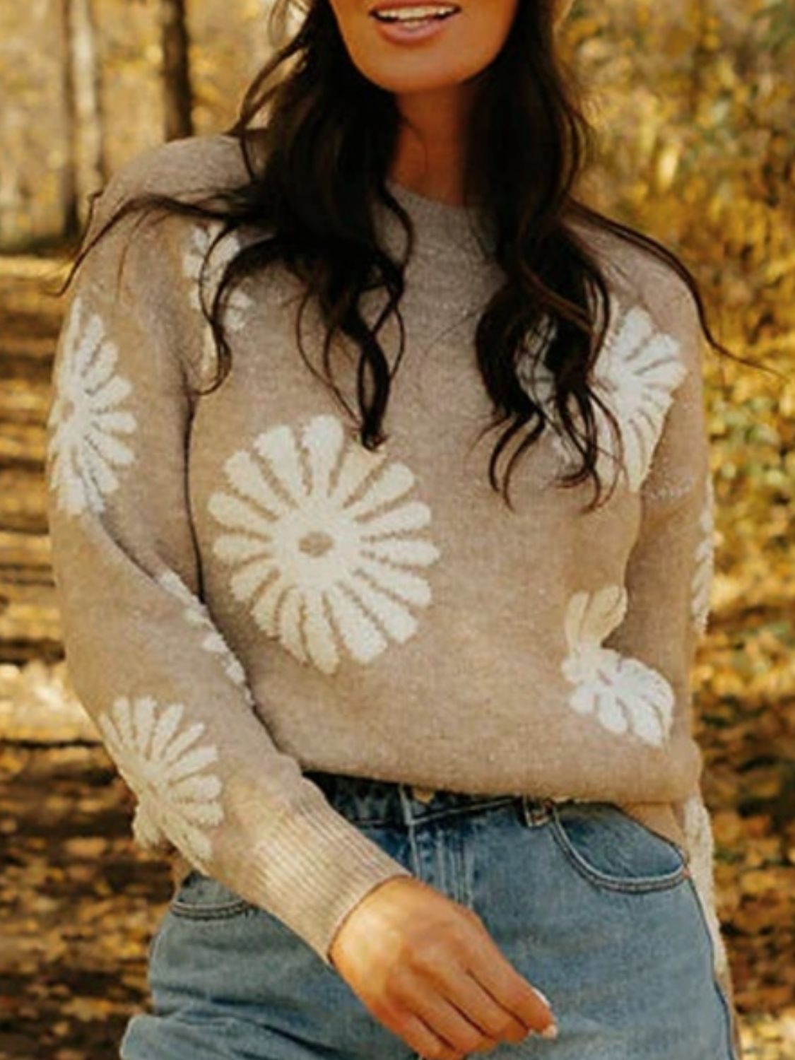 Flower Round Neck Long Sleeve Sweater - Charming Charlie