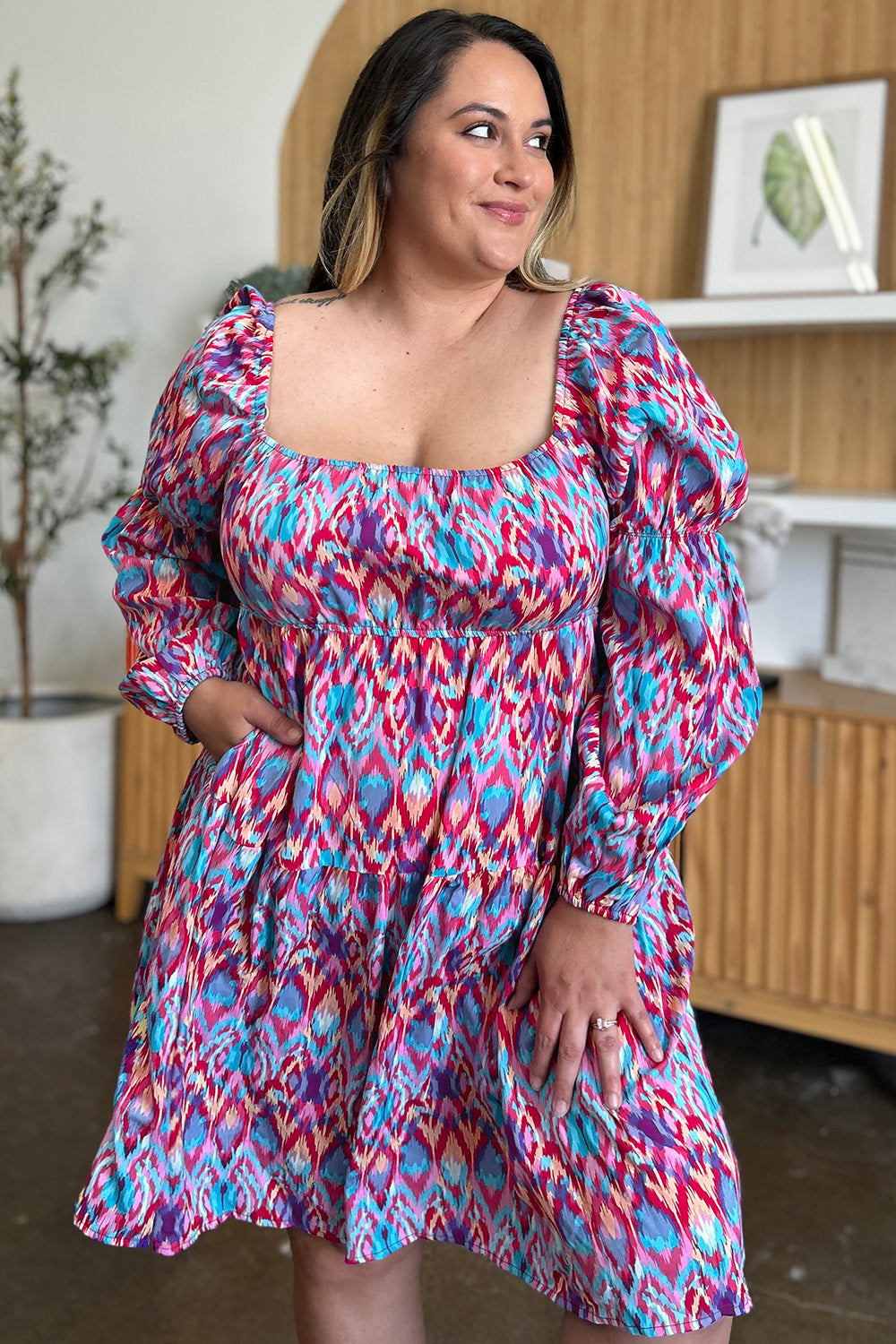 Double Take Full Size Printed Long Sleeve Dress - Charming Charlie