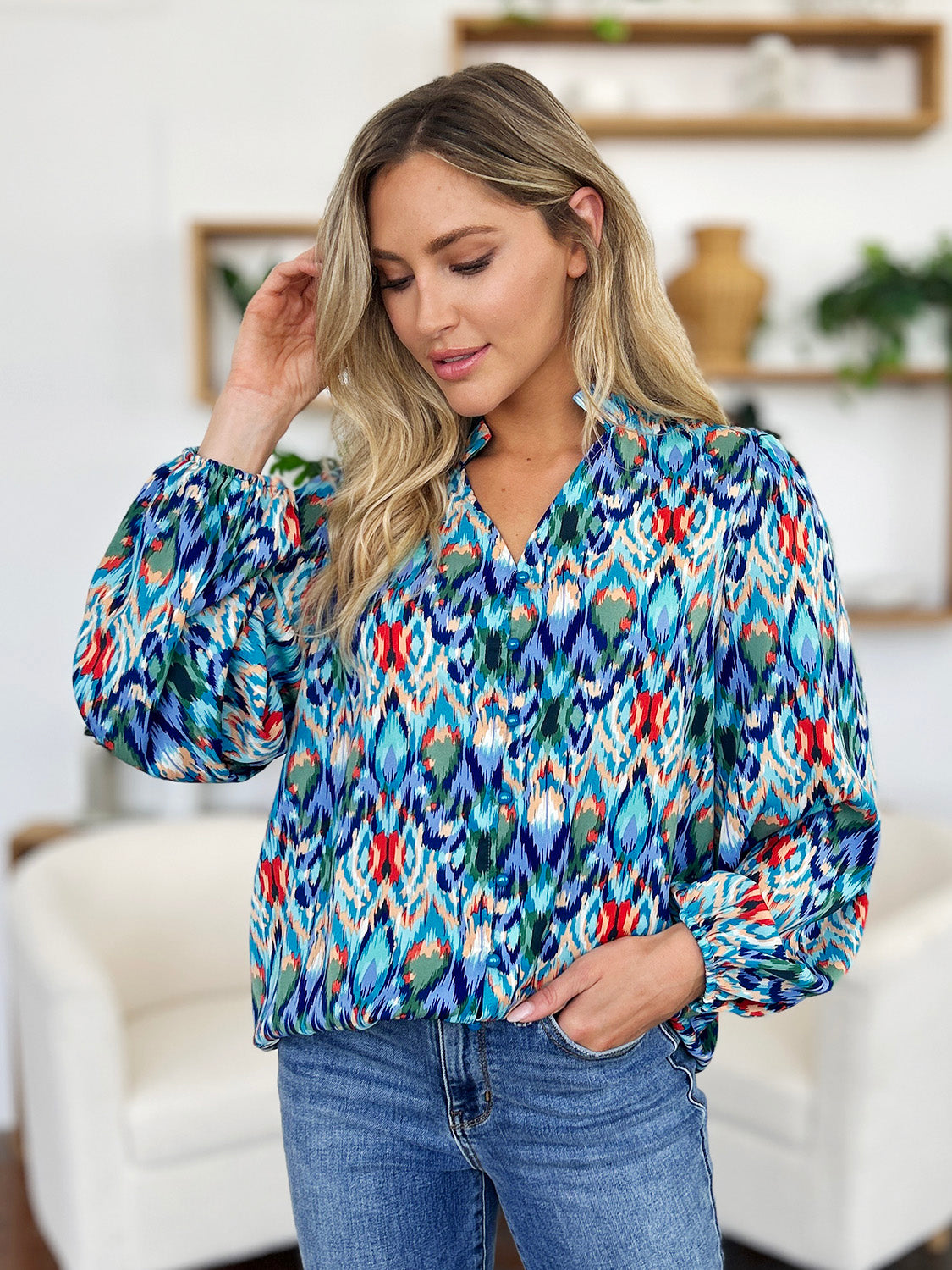 Double Take Full Size Printed Balloon Sleeve Blouse - Charming Charlie